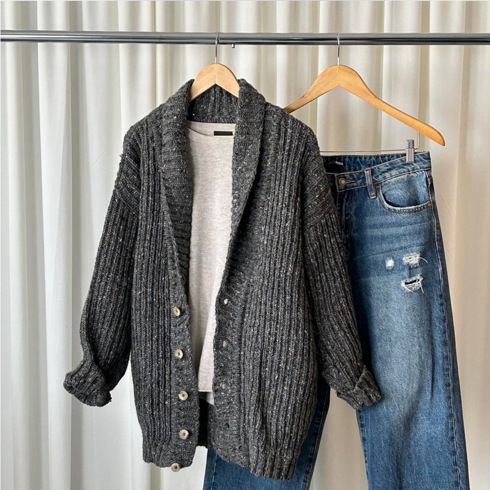 VTG 1990s Lands’ End 100% Wool Chunky Ribbed Knit Grey Speckled Grandpa Sweater - Picture 3 of 8